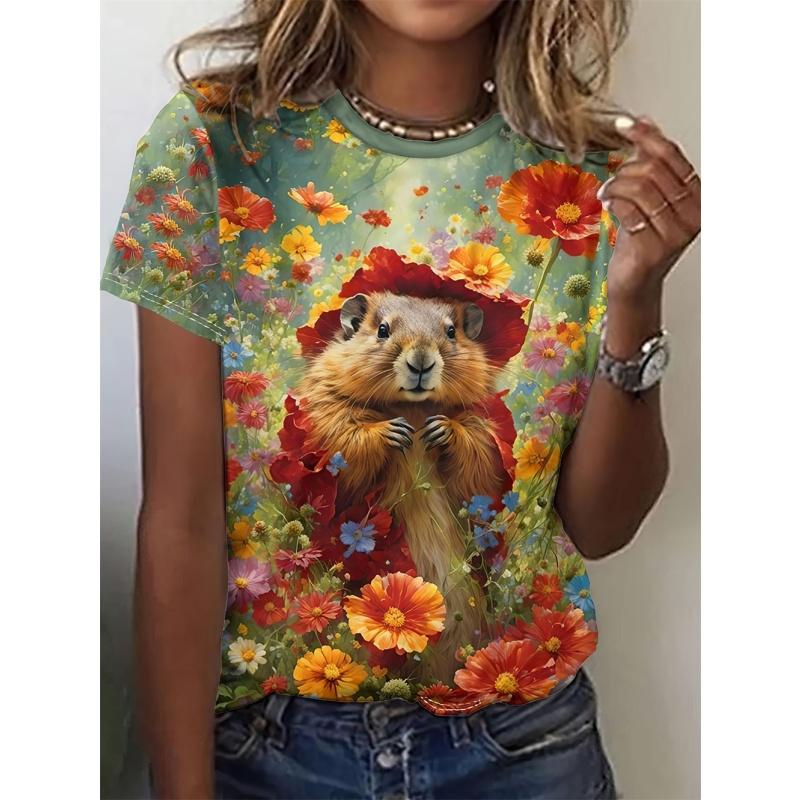 Hamster Hedgehog Cat Pattern T Shirt For Women Funny 3D Printed Short Sleeves Summer Loose T-Shirts O-Neck Tops Tees Streetwear