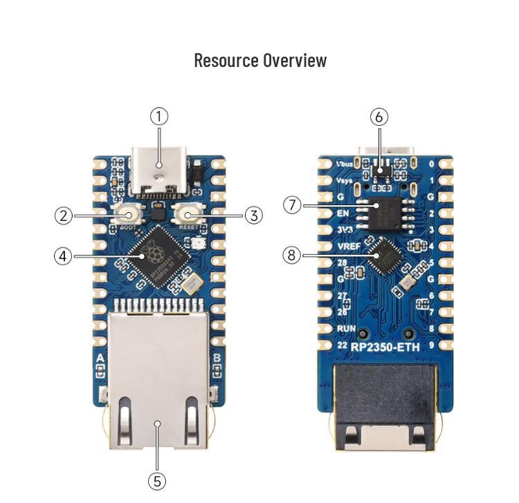 Плата разработки Raspberry Pi RP2350-ETH с Ethernet, 4 МБ TCP/UDP, датчиком температуры, часами
