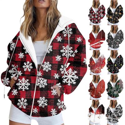 Женская мода повседневная рождественская печатная толстовка осень и зима длинный рукав с карманом кардиган куртка куртка с капюшоном пальто