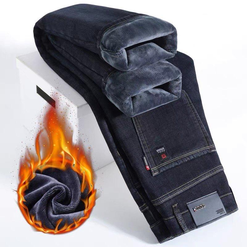 Осень и зима флис утолщенные джинсы свободные прямые брюки универсальные деловые эластичные термобрюки