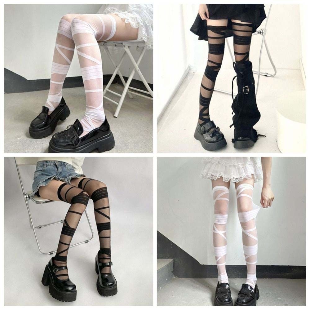 Lolita JK Style High Tube Long Socks Nylon Above Knee Stocking Transparent Stripe Stockings  Summer