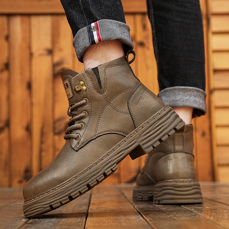 New 2024 Genuine Leather Casual Ankle Boots Men Round Toe Boots Comfy Lace-Up Anti-Slip Boots Outdoor Fashion Brand Casual Boots