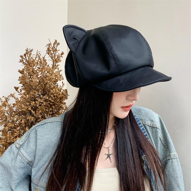 Pu leather starfish cat ear tide cool cloud octagonal hat children autumn and winter new retro soft brim beret