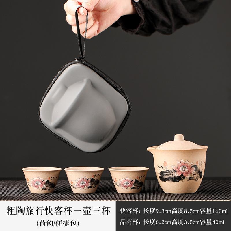Dehua coarse pottery tea set outdoor travel tea set Kuaike cup brewing teapot small set portable and simple printing