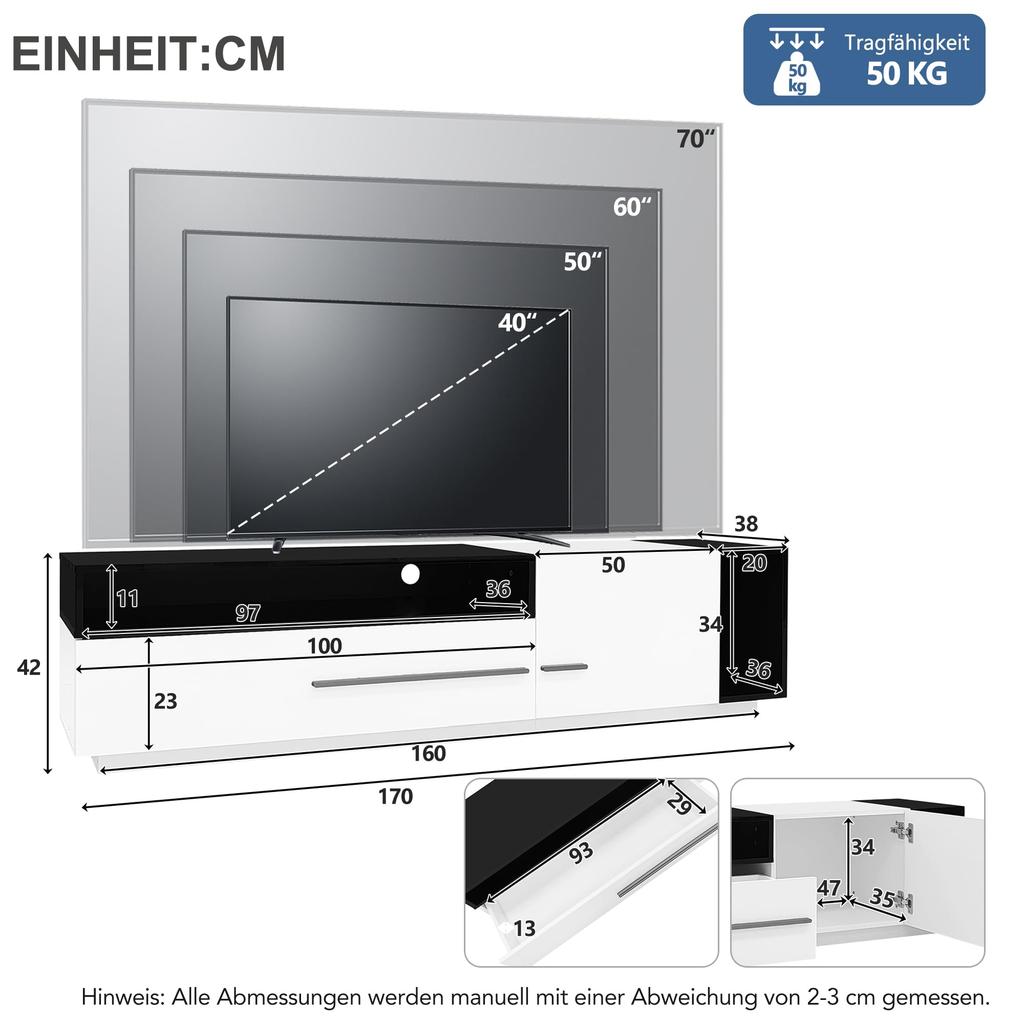 High Gloss, TV Board Lowboard Drawer, Door Open Compartment, Elegant TV Stand Television Up To 70 Inches, Dining Room, 170cm, White & Black