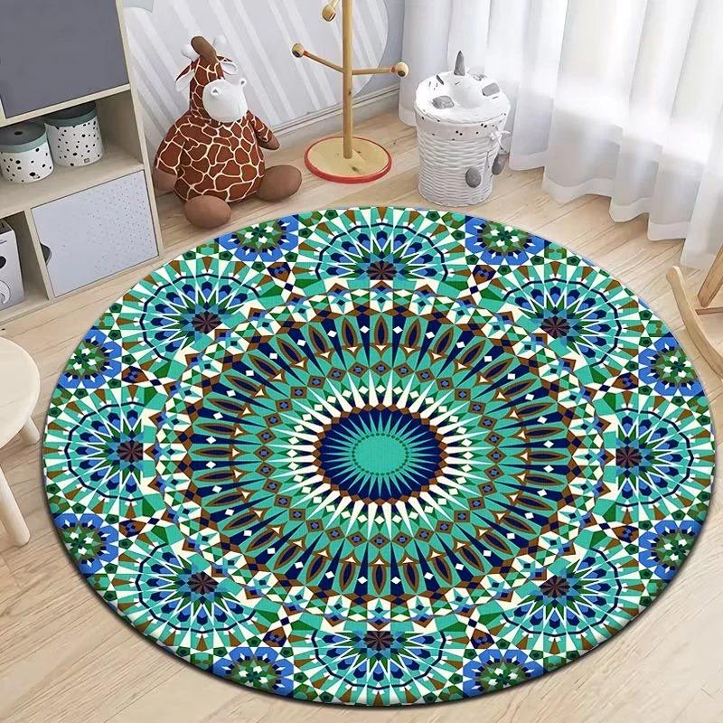 Moroccan Style Print Round Living Room Area Rug Camping Picnic Mat Non-Slip Yoga Door Floor Mat