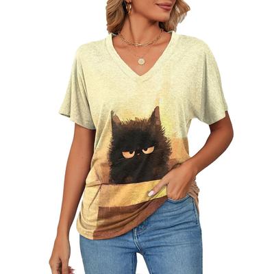 Летняя женская футболка оверсайз, свободная одежда с v-образным вырезом и животными, футболка с милым кошачьим принтом, простая игривая модная уличная одежда 2024