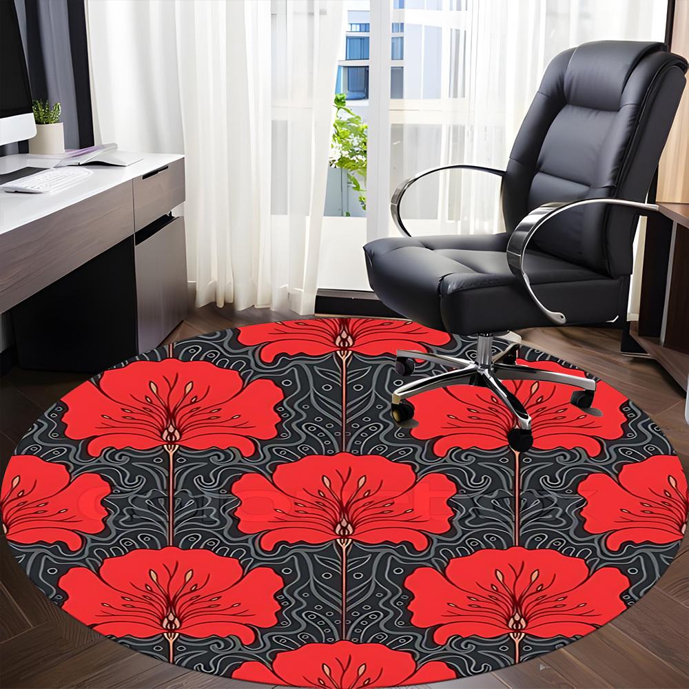 1PC Red Floral Pattern Chair Carpet for Office, Indoor Non-Slip Washable Carpet, Soft Comfortable Mat For Office Room yy250930152