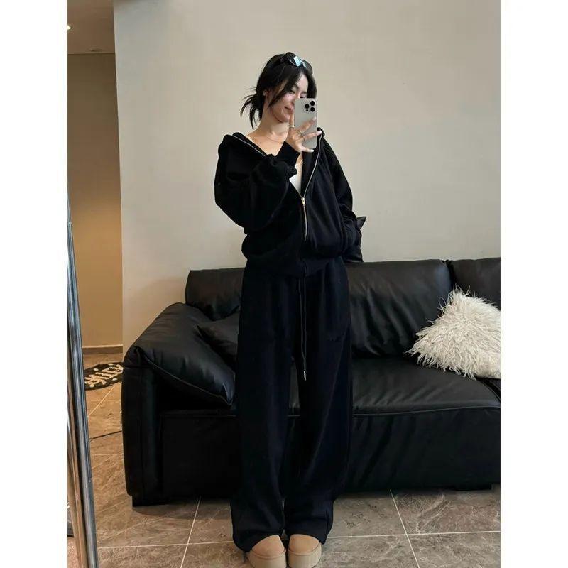 Простой однотонный повседневный спортивный костюм для женщин на осень и зиму, состоящий из куртки с капюшоном и брюк широкого кроя