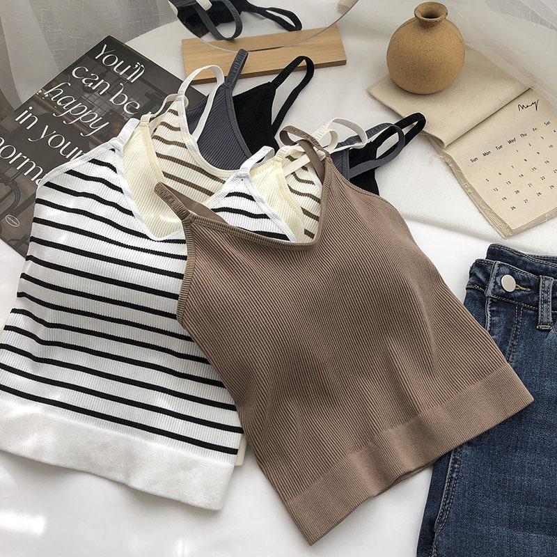 Полосатый красивый топ-майка с открытой спиной, со встроенными чашечками, в корейском стиле, для горячей девушки, для ношения как нижнее белье и как верхняя одежда, топ-бандо, базовый слой