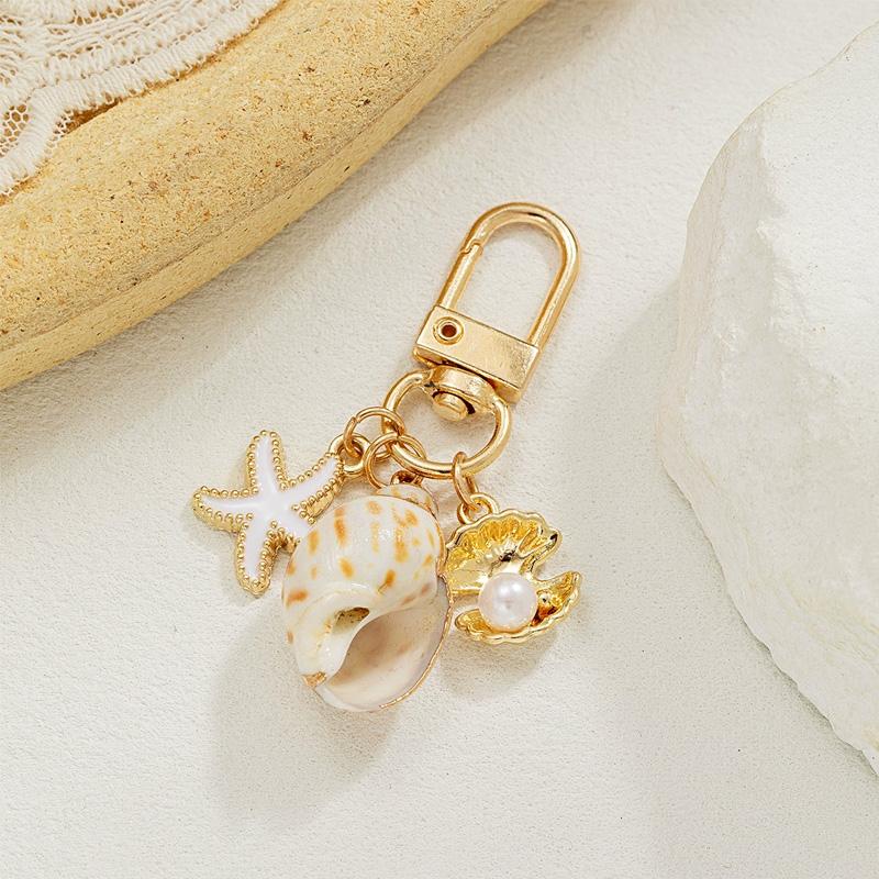 1PC Key Ring Bohemia Tassel Pendant Gold Color Starfish Conch Exquisite Pearl Shell Bag Ornaments Keyrings