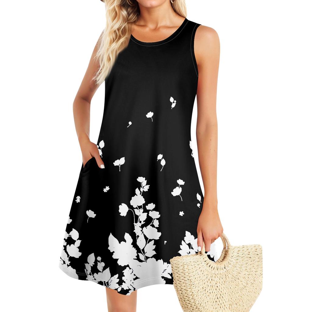 Summer Dresses For Women Beach Boho Sleeveless Vintage Printing Flowy Pocket Tshirt Tank Sundresses
