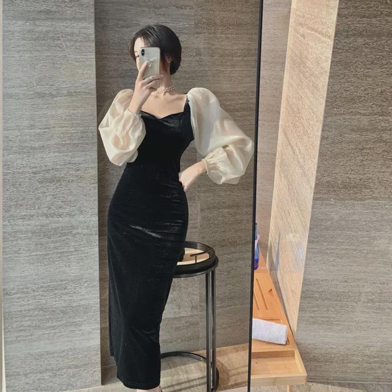 2023 Women's Hepburn-Style Velvet Slim Fit Long Dress