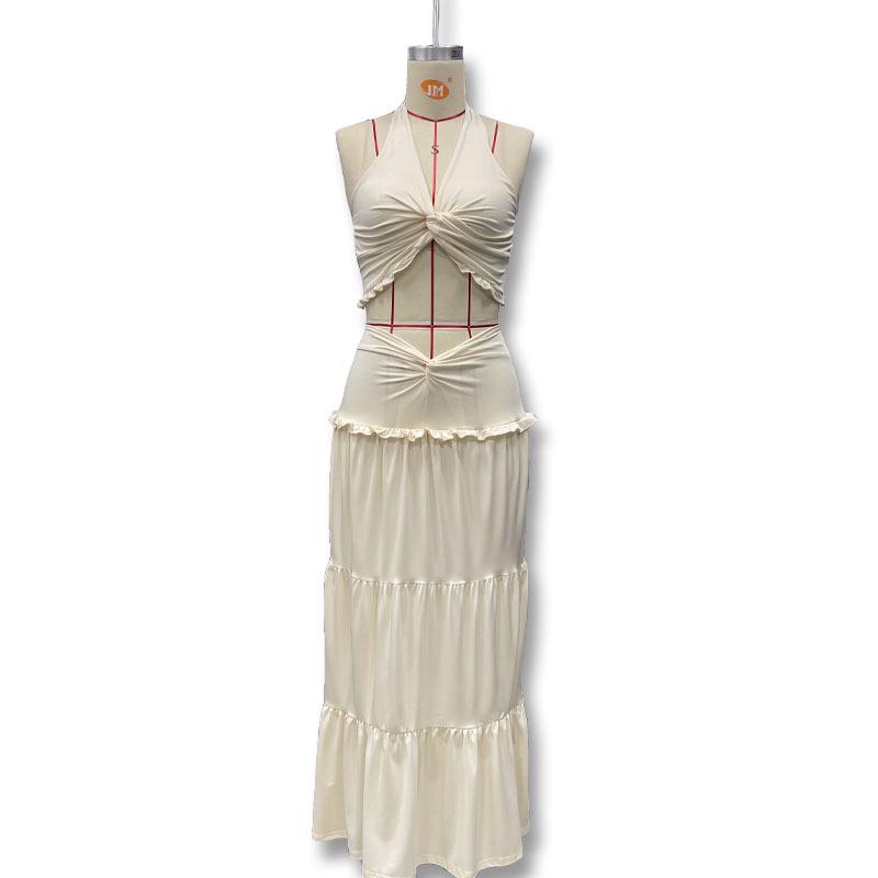 European & American Style Women's V-Neck Halter Camisole and Ruffle Skirt Set