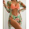 Women Floral Print Bikinis Set Sexy Three Piece Beach Cover Up Push Up Summer Long Sleeve Twist Swimwear Bathing Suit