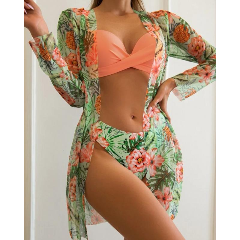 Women Floral Print Bikinis Set Sexy Three Piece Beach Cover Up Push Up Summer Long Sleeve Twist Swimwear Bathing Suit
