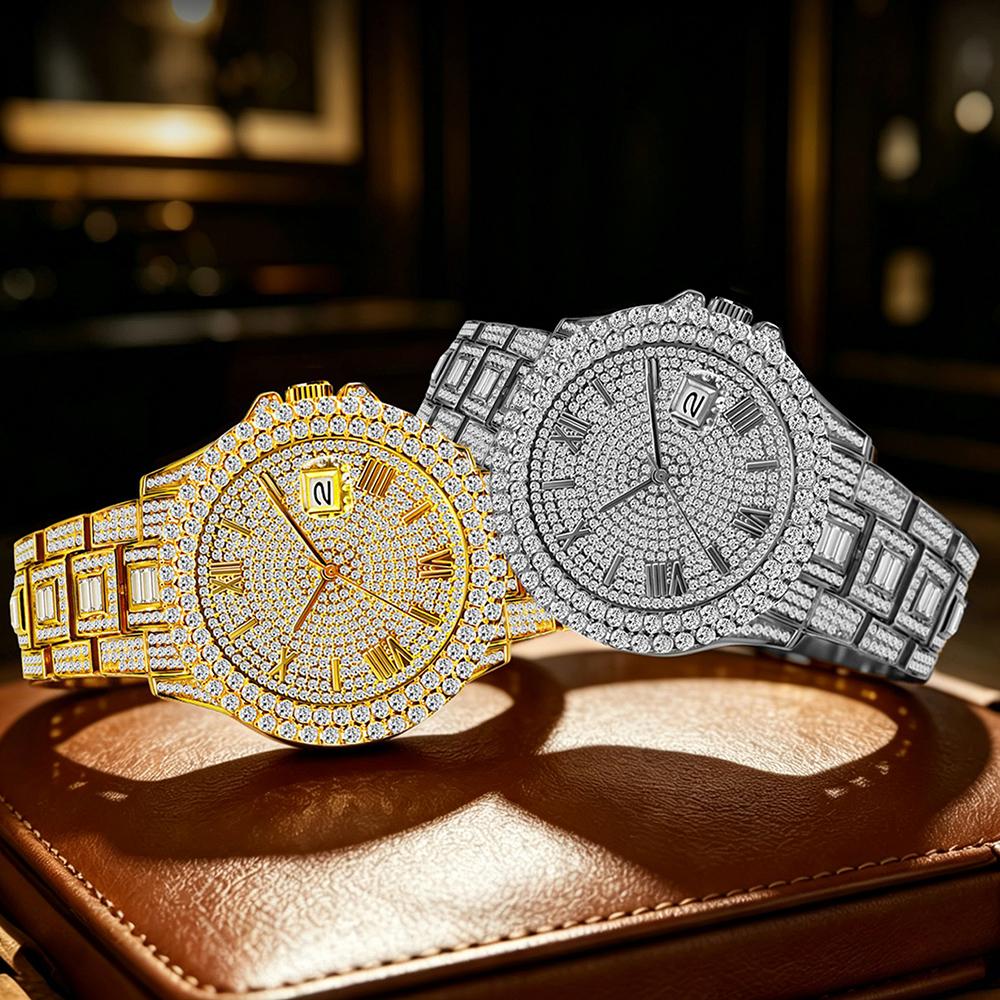 Men Luxury Full Diamond Quartz Watch Roman Numeral Date Display Iced Out Hip Hop Wrist Watch Waterproof