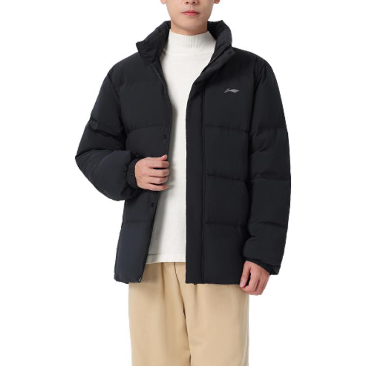 Пуховик Li Ning Hot Pot, однотонный, с воротником-стойкой, водонепроницаемый, короткий, мужская куртка, черный цвет, AYMT105-3