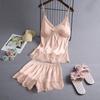 Women V-Neck Eyelash Silk Lace Sexy Stain Camisole Pajamas Bowknot Shorts Set