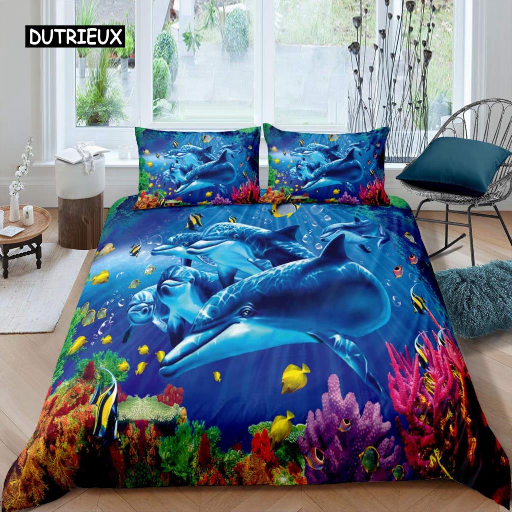 3D дельфин в синем море Queen King Size комплекты постельного белья Animal Single Quilt Duvet Cover Set Детская кровать для взрослых Полиэстеровое постельное белье