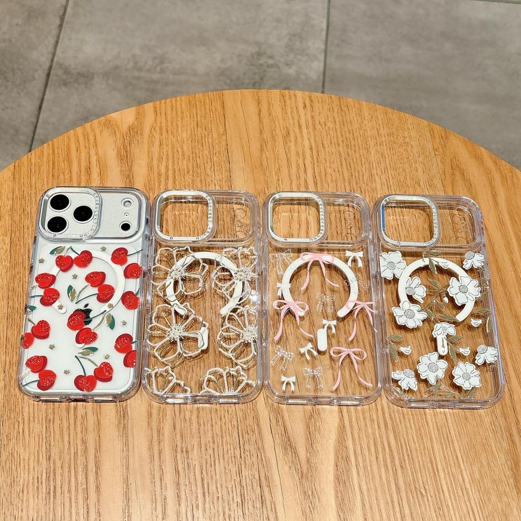 Floral Transparent Magnetic Bow Diamond Lens Case for iPhone 17 Pro Max