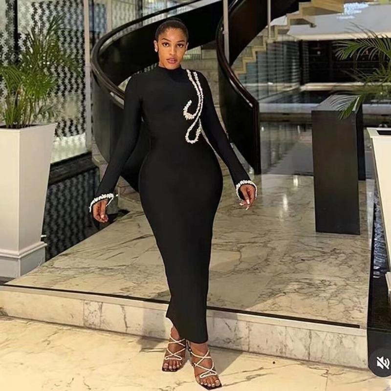 Осенне-зимнее платье-бандаж с длинным рукавом и воротником-гольф, украшенное стразами, модное облегающее платье для вечеринки