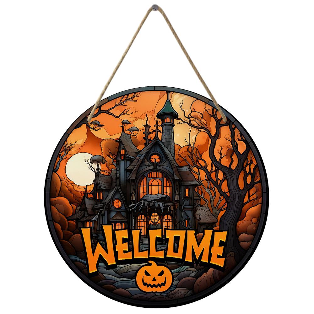 Spooky haunted house welcome sign Round Wooden Hanging Plaque home wall decor vintage pumpkin art ornament for holiday party entrance decoration