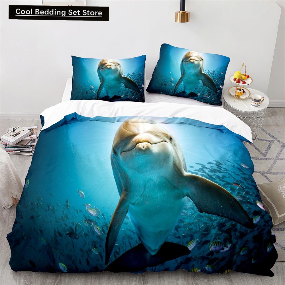 Пододеяльник с дельфином, размер King Queen, прекрасный комплект постельного белья с изображением морской жизни для детей, мальчиков и девочек, милый морской зверь, 2/3 предмета, полиэстеровое одеяло
