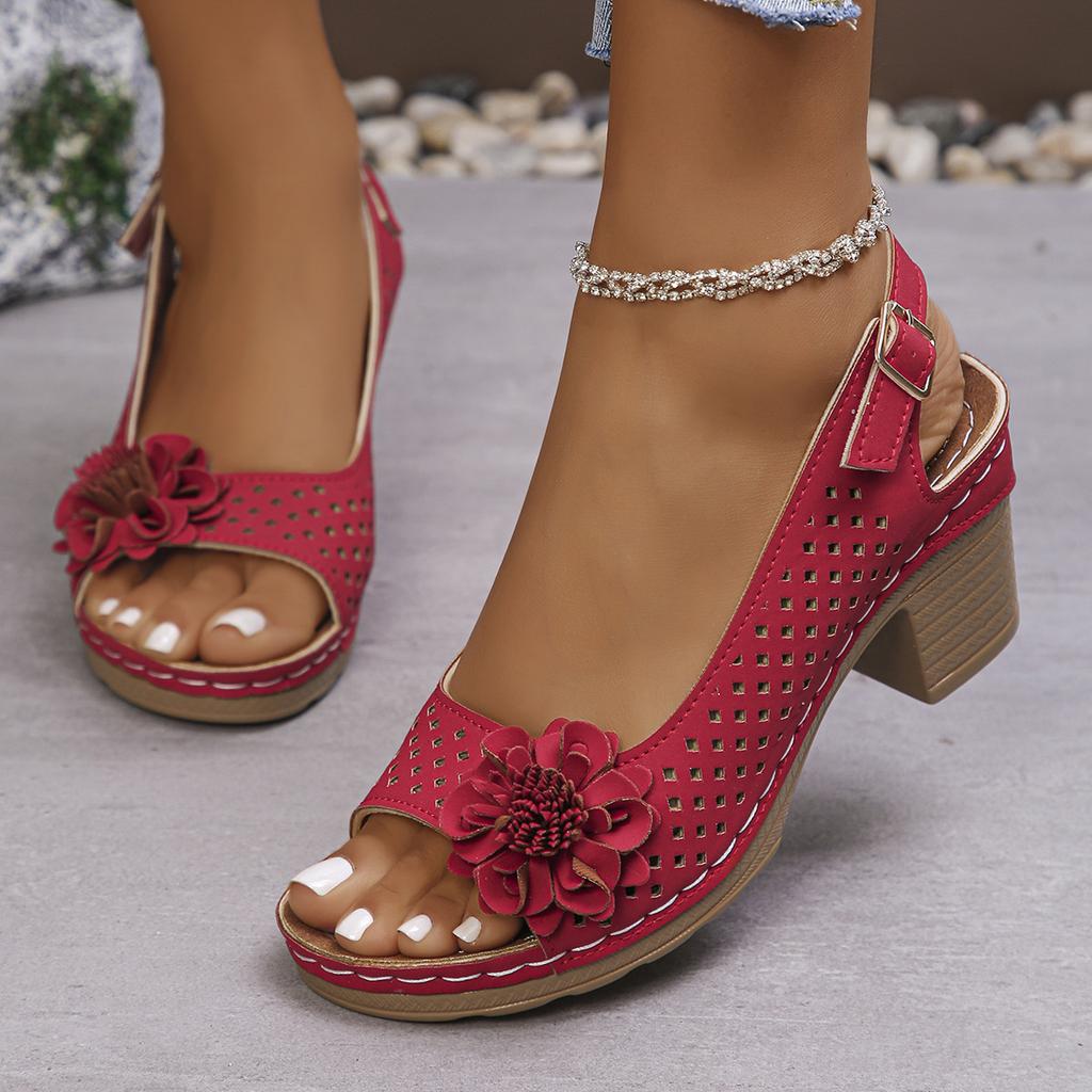 Hollowed-out Flower-shaped High Heels Fish-mouthed Sandals Women's Thick-heeled Shoes with Buttons At The Back and Flip-flops
