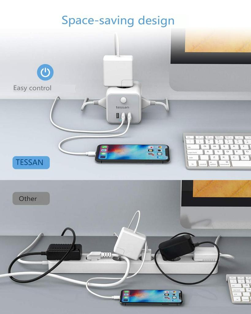 Tessan Стандартный заземленный удлинитель, вилки европейского стандарта, розетки, порты USB типа C, защита от перегрузки с удлинителем для домашнего офиса