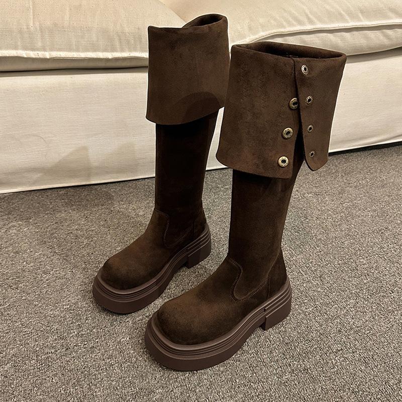 Коричневые двухслойные сапоги на толстой подошве, популярные детские осенне-зимние новые рыцарские сапоги до колена на толстом каблуке в 2024 году
