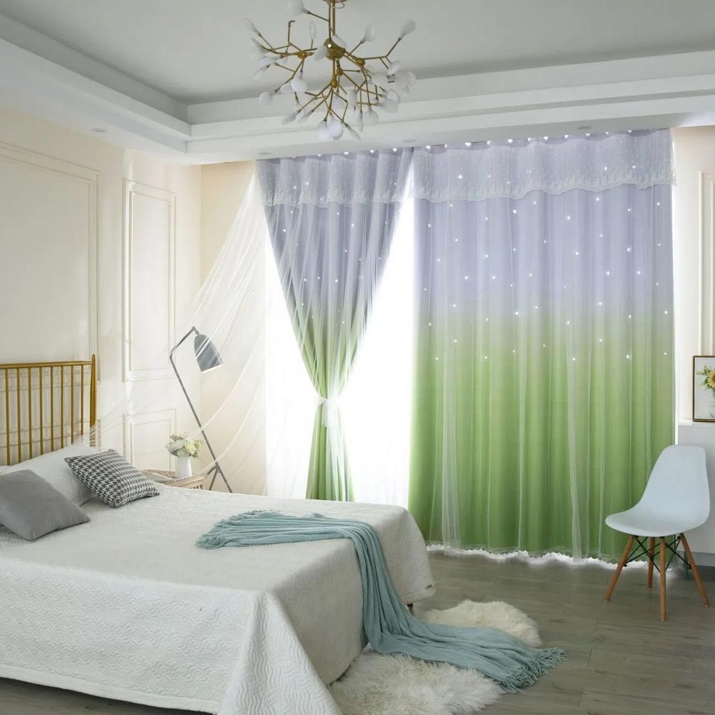 2 шт., простая градиентная цветная занавеска со звездами, занавеска принцессы Ins с высоким затемнением, для спальни, гостиной, двойная тканевая марлевая занавеска