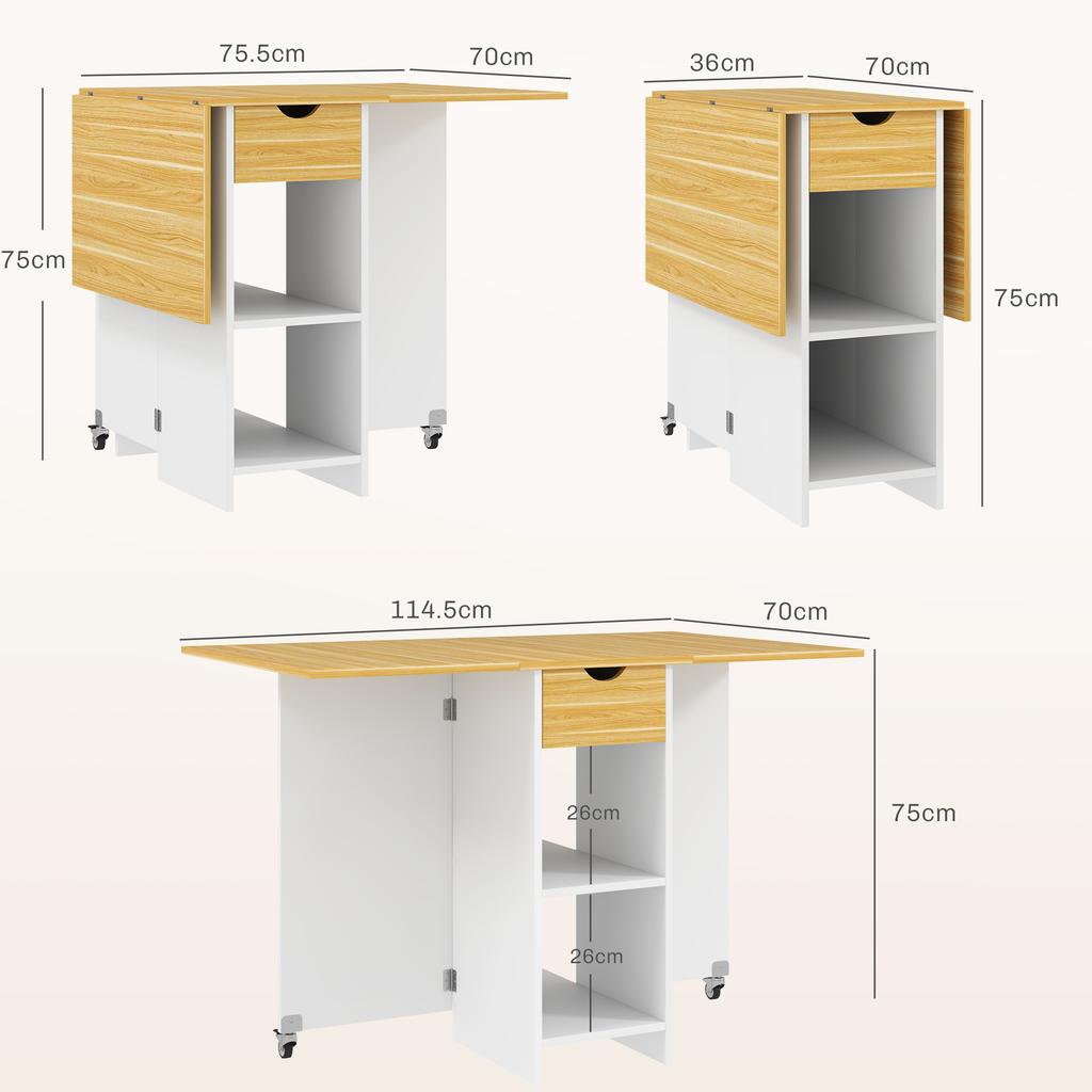 Folding Dining Table for 2-4 People with 2 Drop Leaves, Drawer and Shelves, Oak