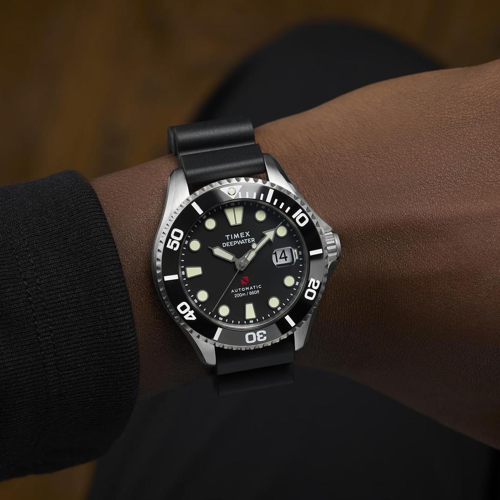 TIMEX Deepwater Meredian 200 Автоматические 20 АТМ Водонепроницаемые Сапфировое Стекло Черный Циферблат, Устойчивые, Кристалл, Циферблат, TW2Y40000, Мужские [Оригинальные]