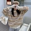 Осенне-зимний пуловерный свитер топ женский ретро полосатый жаккардовый свободный верхняя одежда универсальный контрастного цвета с круглым вырезом вязаный свитер