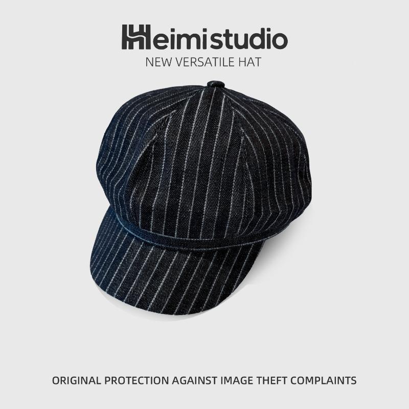 25 Ранняя осень новая полосатая темно-синяя универсальная восьмиугольная шляпа женская большой обхват головы показывающая лицо маленькая шляпа художника