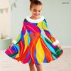 Girls Long Sleeve Furry Trim Printed A Line Flared Dress With Waist Bow