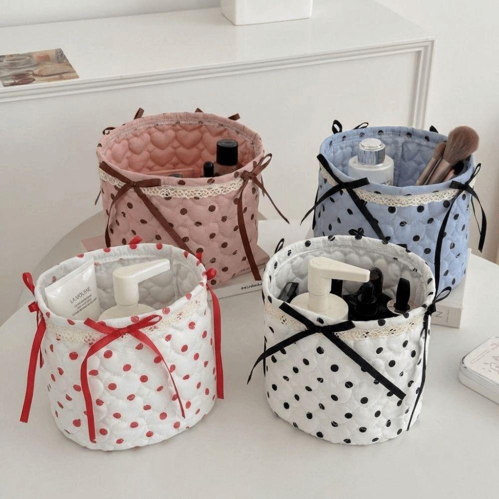 Bow Decor Storage Basket Polka Dot Car Organizer Basket Cute Car Storage Bin Toy Sorting