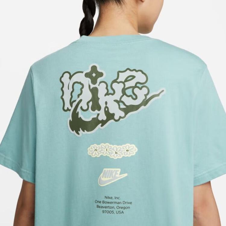 Nike Спортивный повседневный пуловер с графическим принтом и круглым вырезом, футболка с короткими рукавами, женские топы, синий FD2550-309