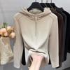 Women's European-Style Quilted Half-Zip Hooded Velvet Patchwork Knit Sweatshirt