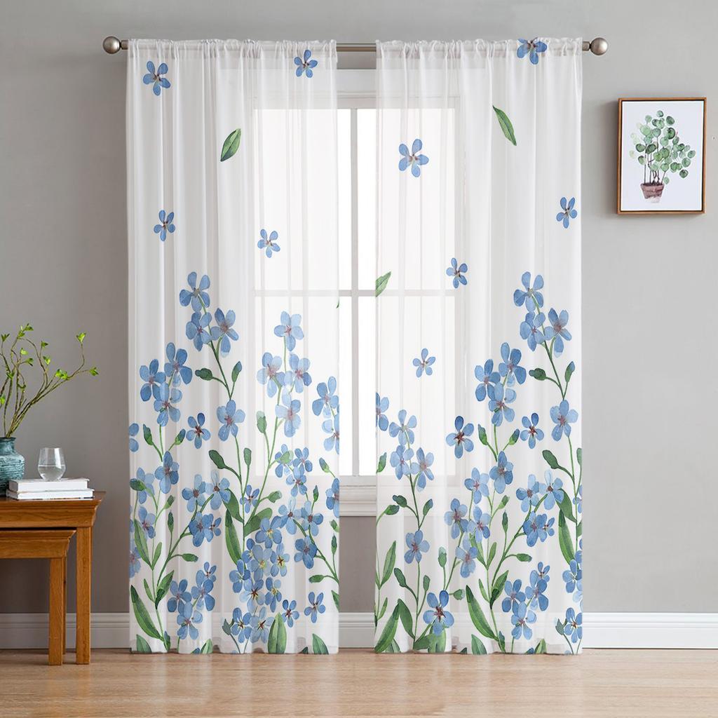 Watercolor Blue Flowers Farmhouse Countryside Voile Sheer Curtains Living Room Window Tulle Curtain Kitchen Bedroom Home Decor