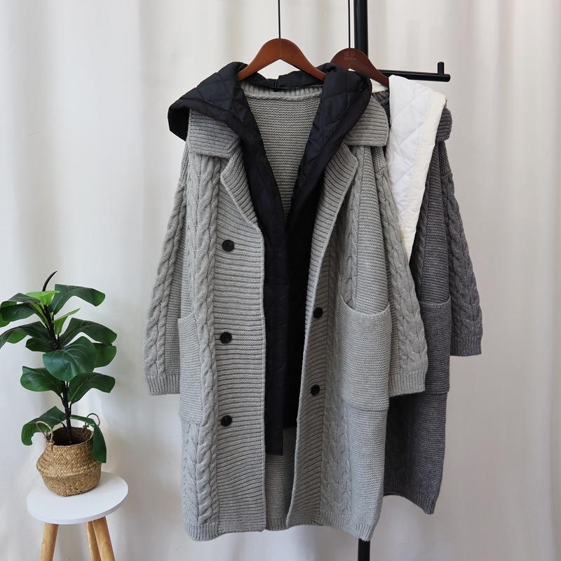 Long Over-knee Splicing Cotton Clothes Knitted Cardigan Autumn and Winter New Hooded Loose Design Sweater Jacket Women