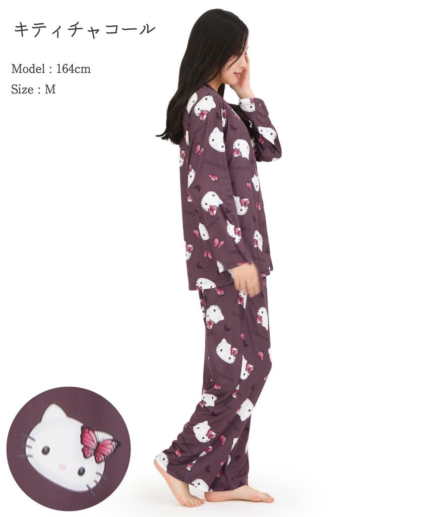 Пижама-рубашка Hello Kitty Пудра Стрейч Длинный рукав Длинные брюки Комплект верх и низ Домашняя одежда [SAZAC] Женская (Угольно-серый/M/SAN1906)