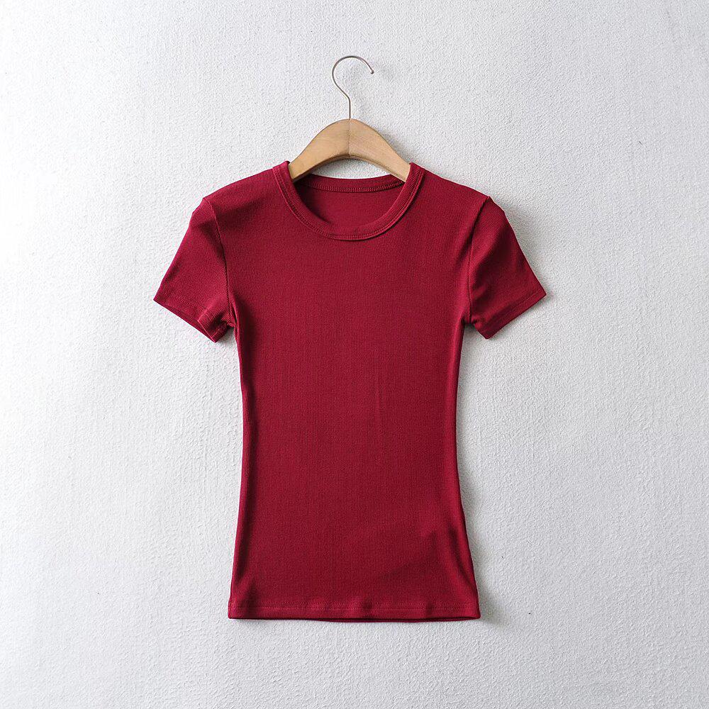 Европейская и американская женская однотонная приталенная футболка в стиле ретро с коротким рукавом
