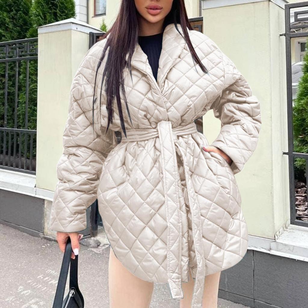 Women's Long Sleeve Rhombus Solid Color Thickened Button Cotton Outerwear Coat  Jacket