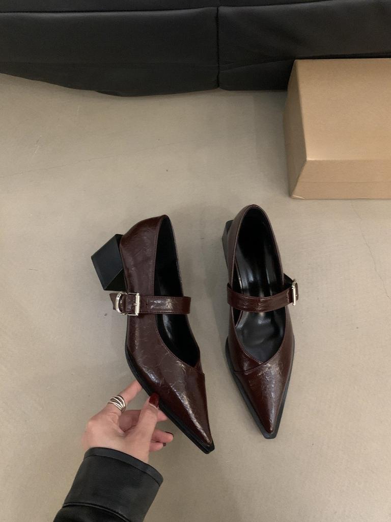 Французские туфли Мэри Джейн на среднем каблуке, черные, кожаные, женские туфли 2024 года, новые весенне-осенние белые туфли с острым носком