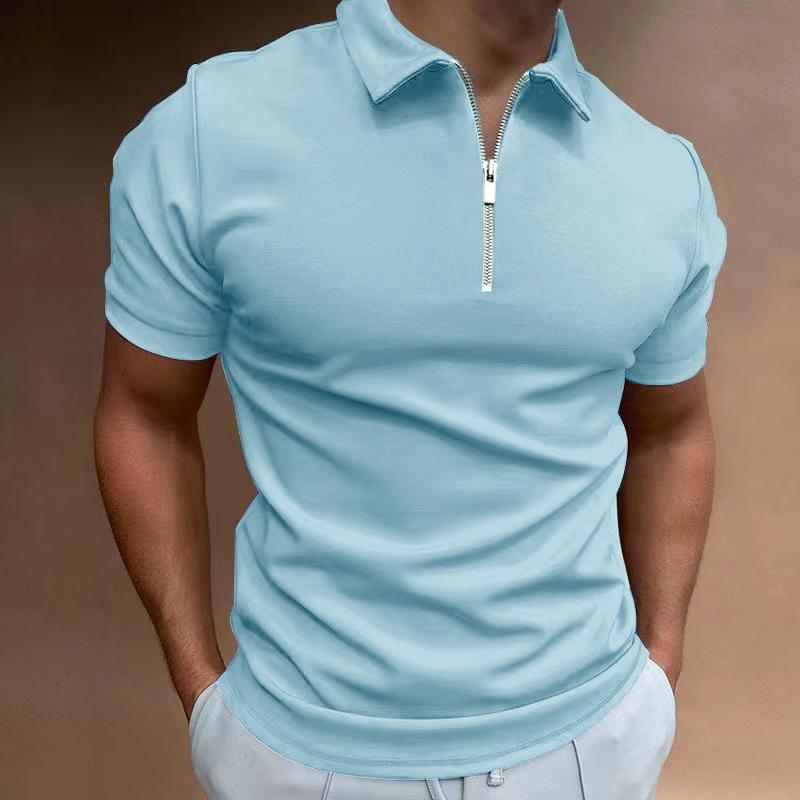 2024 Men's Summer Short Sleeve T Shirts Solid Zipper Lapel Collar T Shirt Fashion Men Tees White Black Blue Plus Size Tops