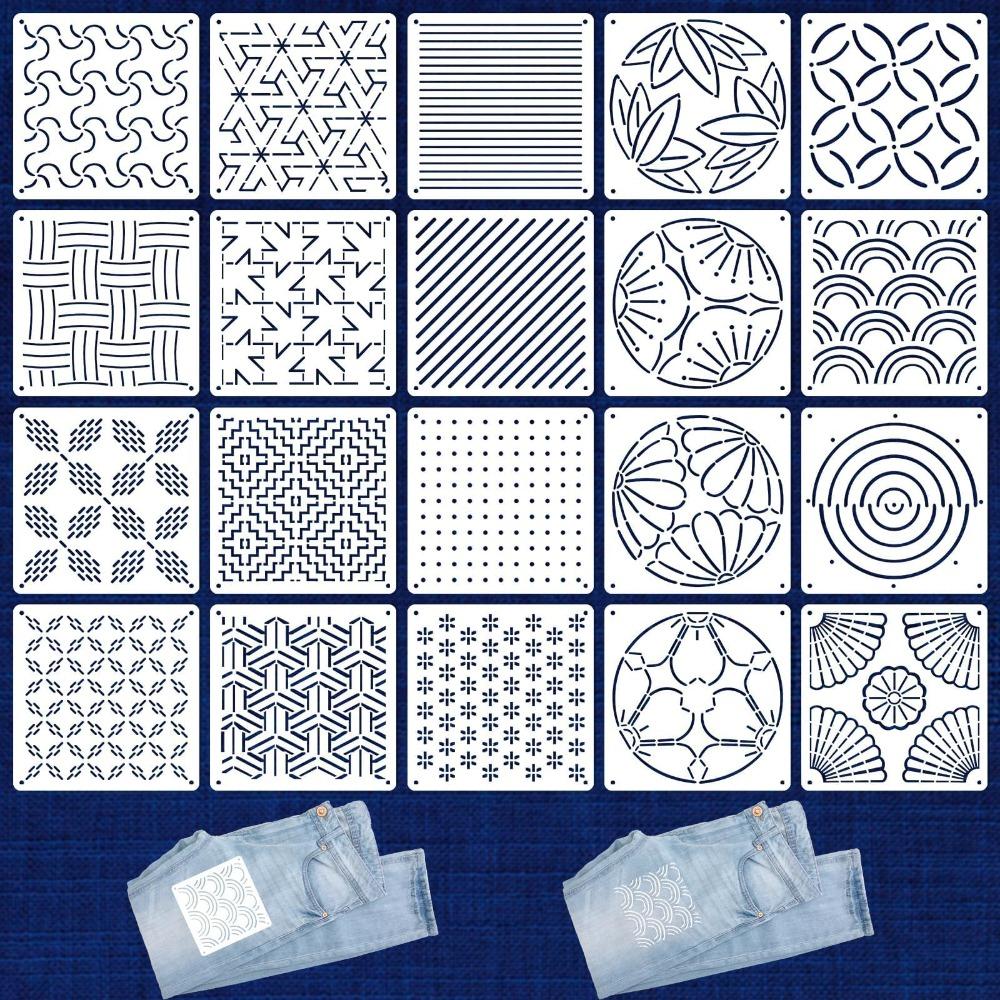 20pcs/25pcs Geometric Pattern Sashiko Stencil Kit Reusable PET Sashiko Thread Kit Handmade DIY Sashiko Embroidery Template