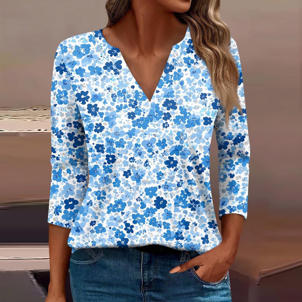 Женская футболка Футболка с принтом Рукав 3/4 Повседневные Выходные Мода Базовый V-образный вырез Обычный топ