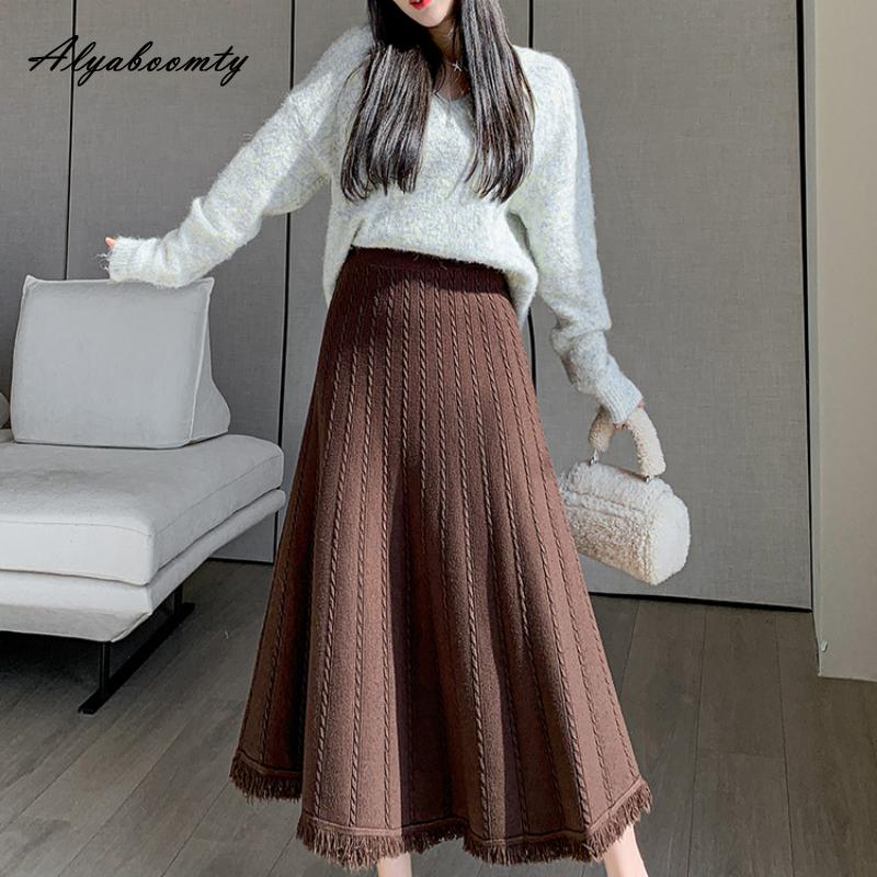 Корейская мода, осенне-зимняя женская юбка-миди с высокой талией, серая, черная, абрикосовая, кофейная, толстая теплая юбка, элегантная женская юбка с кисточками, женские юбки